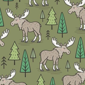 Forest Woodland Moose & Trees on Dark Green