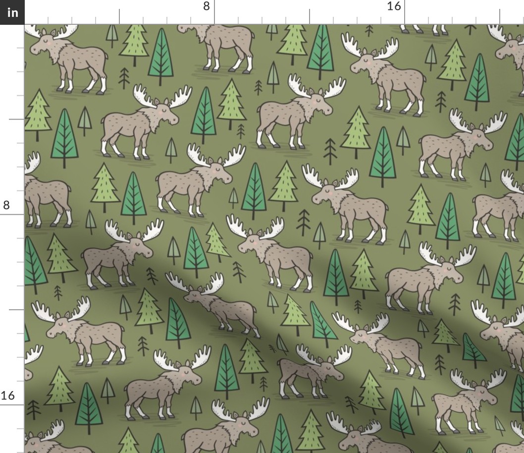 Forest Woodland Moose & Trees on Dark Green