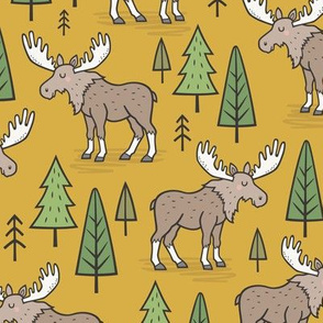 Forest Woodland Moose & Trees on Mustard Yellow