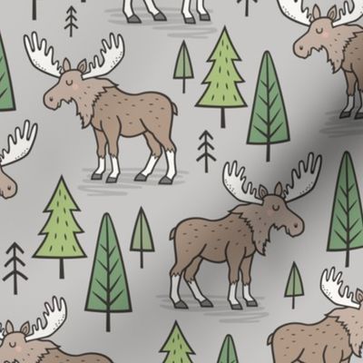 Forest Woodland Moose & Trees on Light Grey