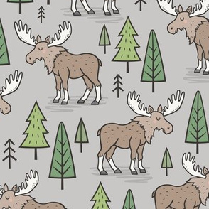 Forest Woodland Moose & Trees on Light Grey