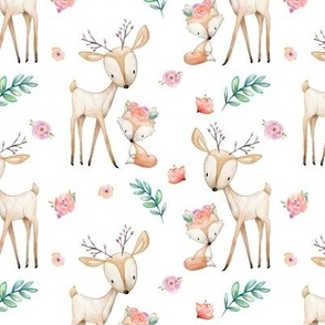 Sweet Deer & Fox - Coral Flowers Woodland Animals Baby Girl Nursery Bedding