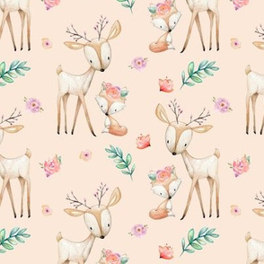 Sweet Deer & Fox (blush) - Woodland Animals Flowers Baby Girl Nursery Bedding