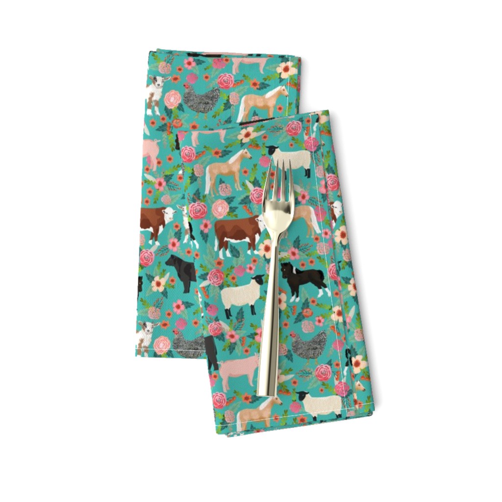 Farm animals cow sheep goat chicken floral fabric turq