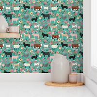 Farm animals cow sheep goat chicken floral fabric turq