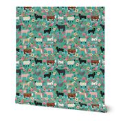 Farm animals cow sheep goat chicken floral fabric turq