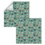 Farm animals cow sheep goat chicken floral fabric turq