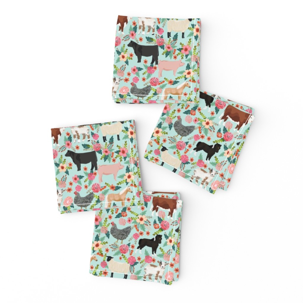 Farm animals cow sheep goat chicken floral fabric mint