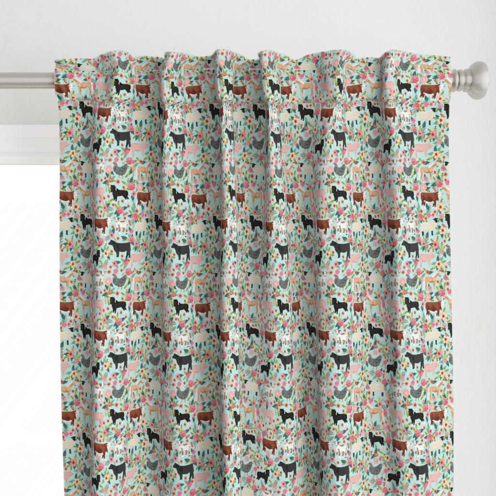 Farm animals cow sheep goat chicken floral fabric mint