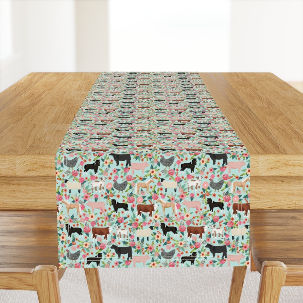 Farm animals cow sheep goat chicken floral fabric mint