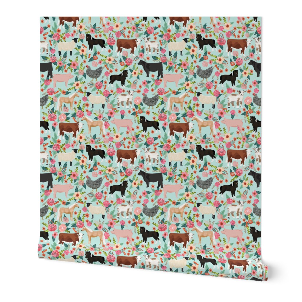 Farm animals cow sheep goat chicken floral fabric mint