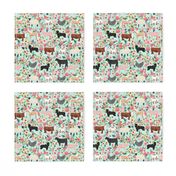 Farm animals cow sheep goat chicken floral fabric mint