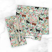 Farm animals cow sheep goat chicken floral fabric mint