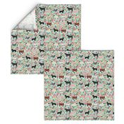 Farm animals cow sheep goat chicken floral fabric mint