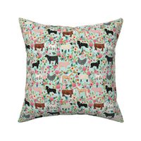 Farm animals cow sheep goat chicken floral fabric mint