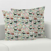 Farm animals cow sheep goat chicken floral fabric mint