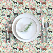 Farm animals cow sheep goat chicken floral fabric mint