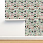 Farm animals cow sheep goat chicken floral fabric mint