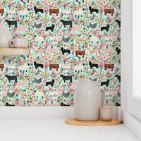 Farm animals cow sheep goat chicken floral fabric mint