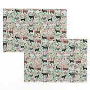 Farm animals cow sheep goat chicken floral fabric mint