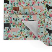 Farm animals cow sheep goat chicken floral fabric mint