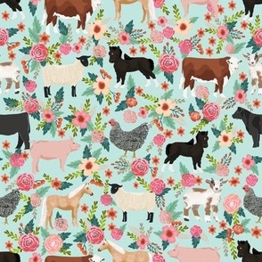 Farm animals cow sheep goat chicken floral fabric mint
