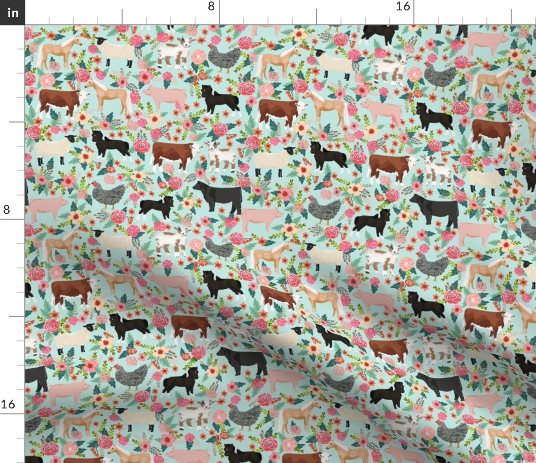 Farm animals cow sheep goat chicken floral fabric mint