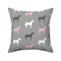 multi horses - pink and grey on grey - farm fabric