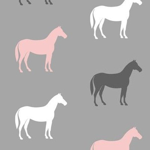 multi horses - pink and grey on grey - farm fabric