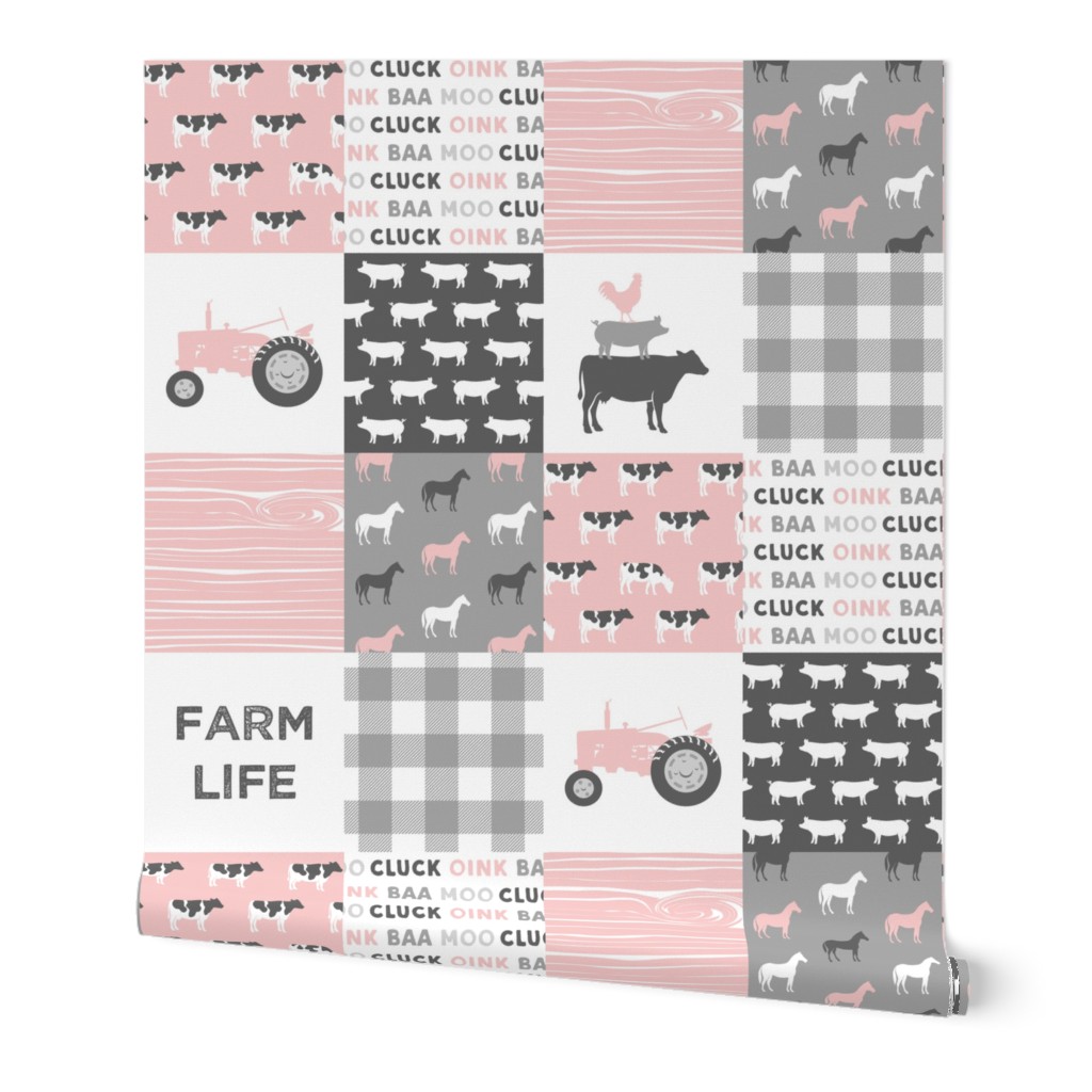 farm life wholecloth - woodgrain - pink and grey farm fabrics