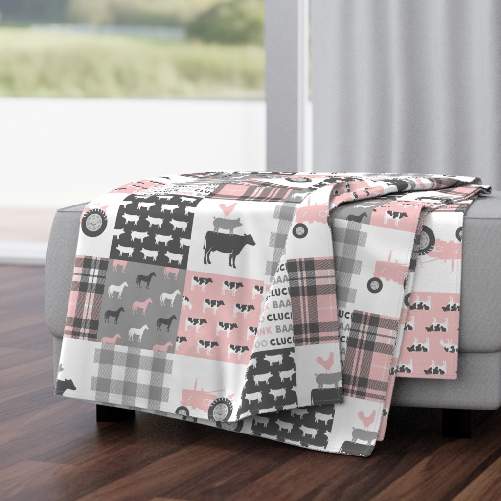 farm life wholecloth patchwork with plaid - pink and grey