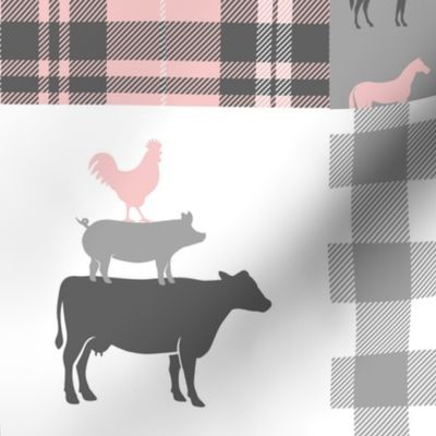 farm life wholecloth patchwork with plaid - pink and grey
