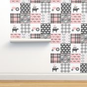 farm life wholecloth patchwork with plaid - pink and grey