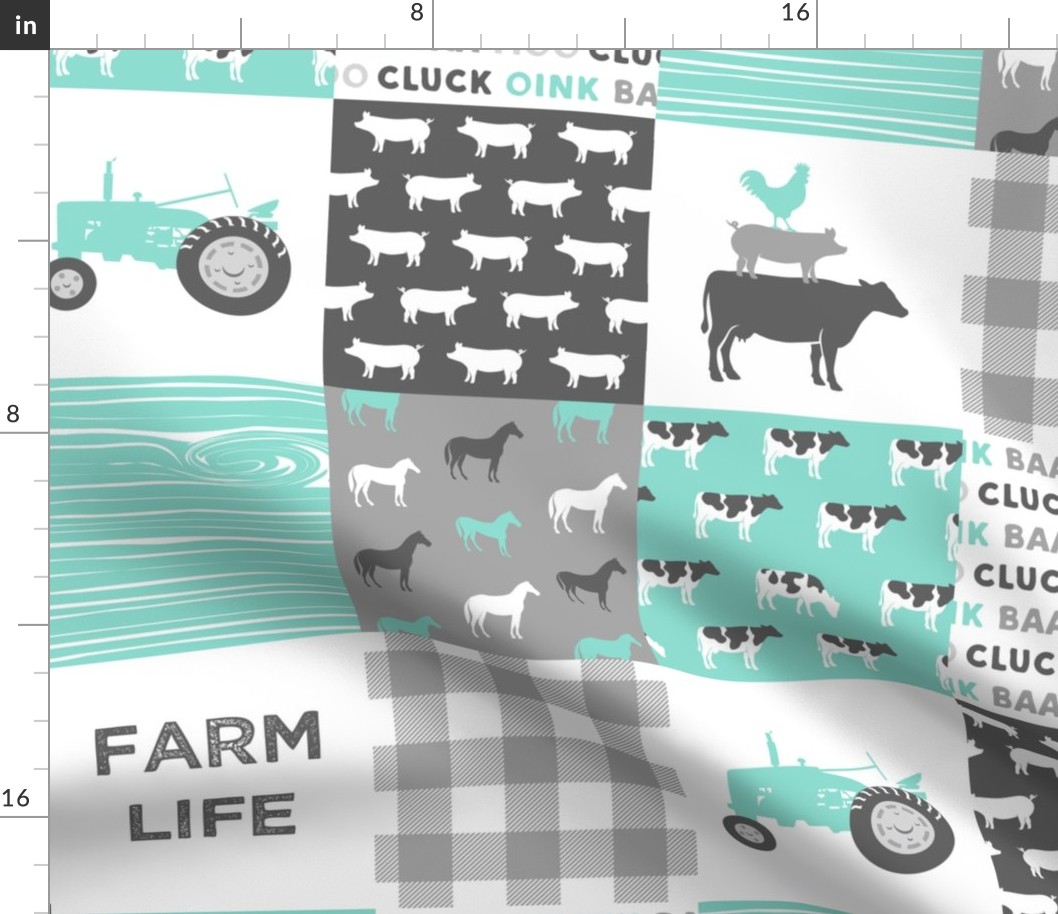 farm life wholecloth - dark aqua woodgrain