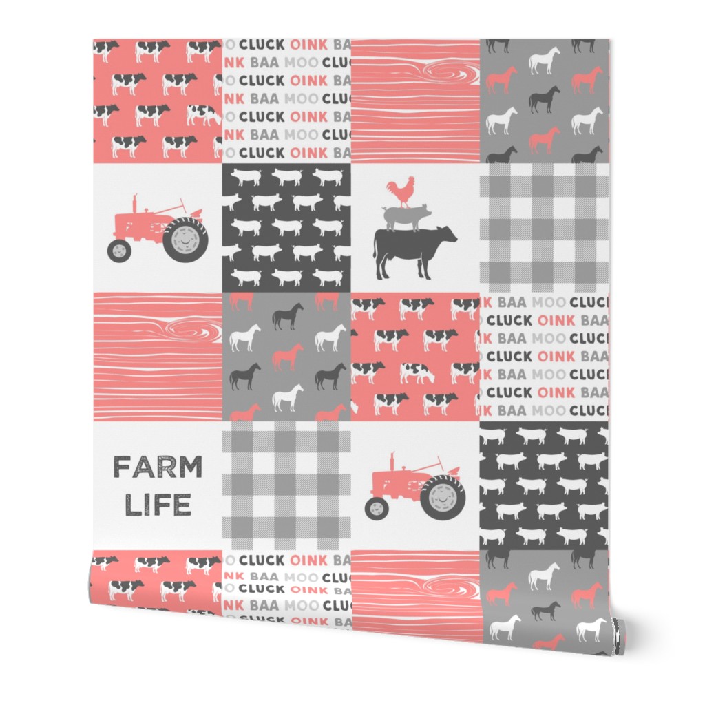 farm life wholecloth - pink coral woodgrain