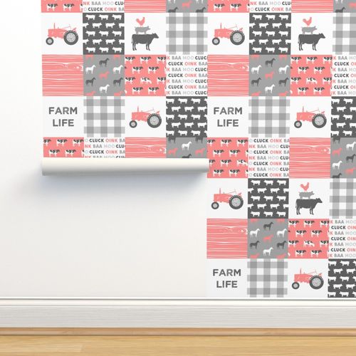 farm life wholecloth - pink coral woodgrain