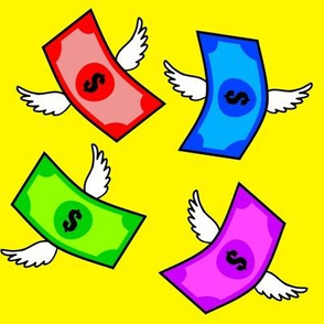rainbow colorful multi colors flying money dollar signs notes banknotes pop art wings currency  