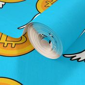 5 bitcoin coins money cryptocurrency digital currency gold pop art novelty flying wings 