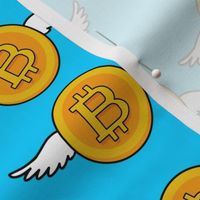 5 bitcoin coins money cryptocurrency digital currency gold pop art novelty flying wings 