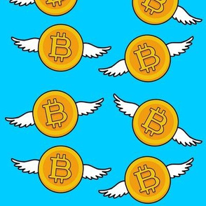 5 bitcoin coins money cryptocurrency digital currency gold pop art novelty flying wings 