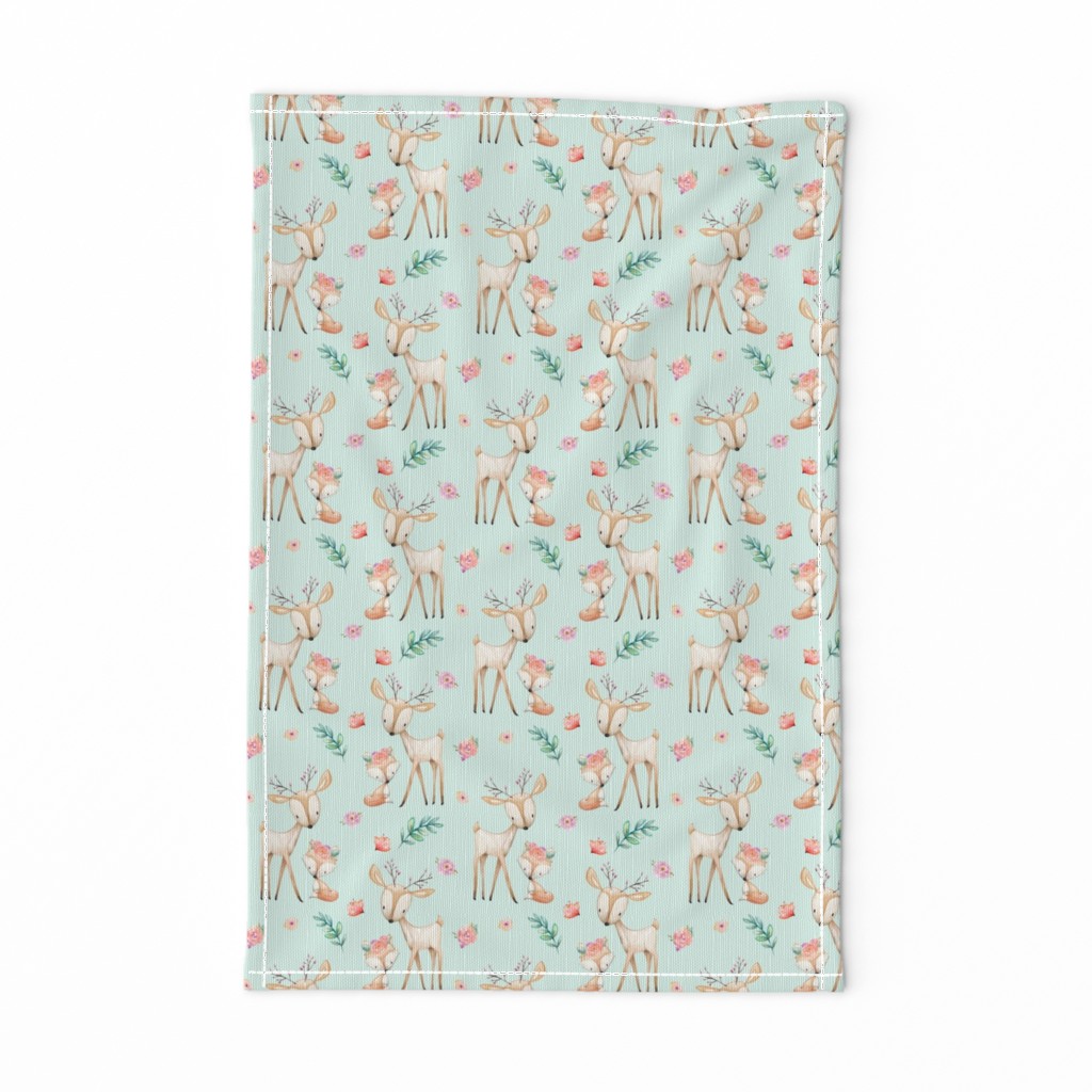 Sweet Deer & Fox (soft mint) - Woodland Animals Flowers Baby Girl Nursery Bedding