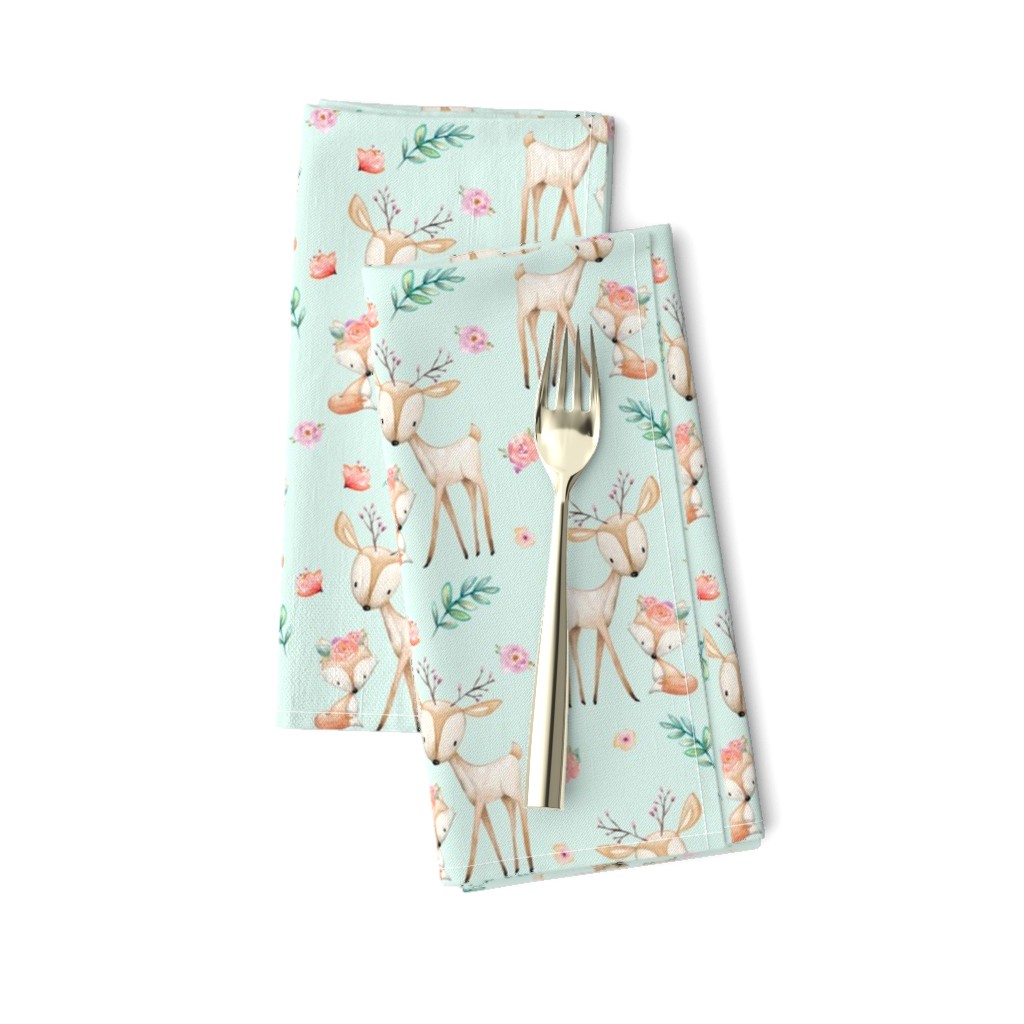 Sweet Deer & Fox (soft mint) - Woodland Animals Flowers Baby Girl Nursery Bedding