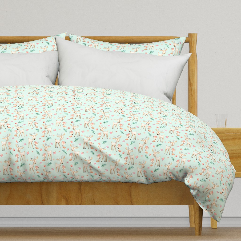 Sweet Deer & Fox (soft mint) - Woodland Animals Flowers Baby Girl Nursery Bedding