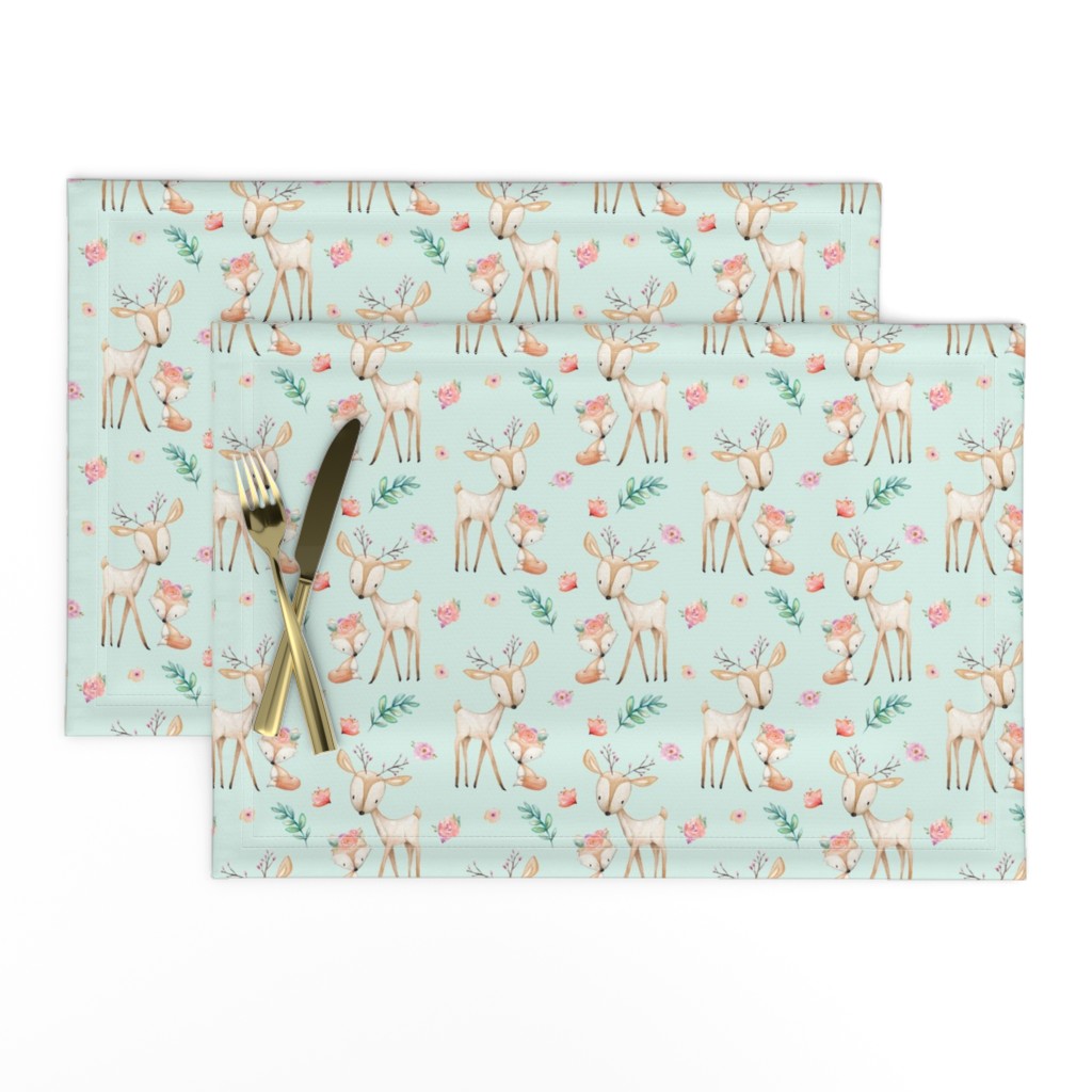 Sweet Deer & Fox (soft mint) - Woodland Animals Flowers Baby Girl Nursery Bedding