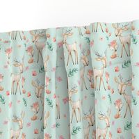 Sweet Deer & Fox (soft mint) - Woodland Animals Flowers Baby Girl Nursery Bedding