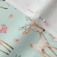 Sweet Deer & Fox (soft mint) - Woodland Animals Flowers Baby Girl Nursery Bedding