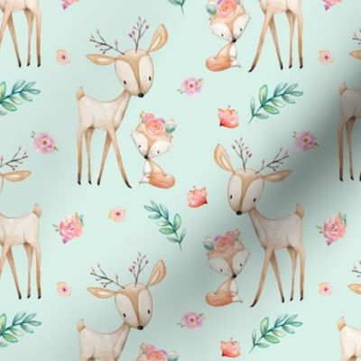 Sweet Deer & Fox (soft mint) - Woodland Animals Flowers Baby Girl Nursery Bedding