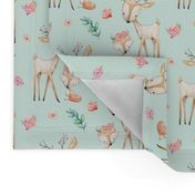 Sweet Deer & Fox (soft mint) - Woodland Animals Flowers Baby Girl Nursery Bedding