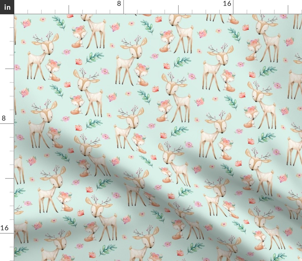 Sweet Deer & Fox (soft mint) - Woodland Animals Flowers Baby Girl Nursery Bedding