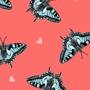 Butterflies on Coral Pink with Hearts